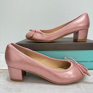 NEW N.Y.L.A. Wanballa Metallic Pink Block Heel Ballet Slippers with Bow Size 8